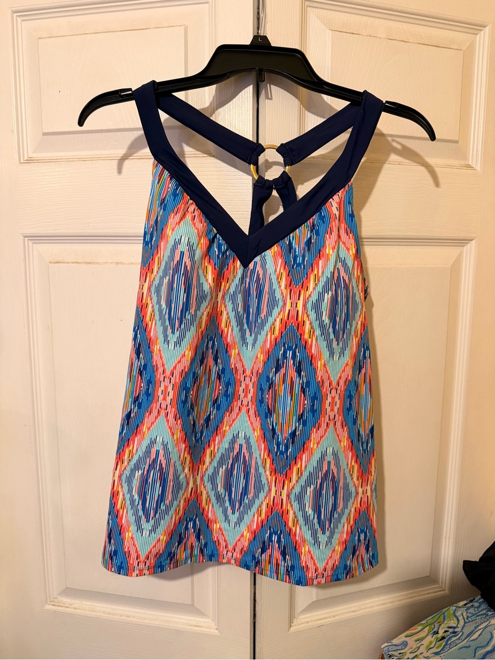 Navy and Coral Geometric One-Piece Swimsuit with Ring Back